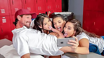 Three Brunettes Indulge In A Wild Romp On A Couch In A Locker Room